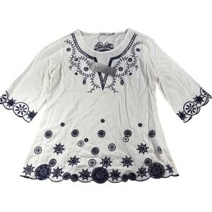 New Solitaire by Ravi‎ Khosla M White Navy Embroidered Boho Nautical Tunic Top